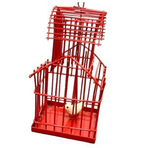 Miniature Doll House 4" Red Metal Moving Perched‎ Bird Cage